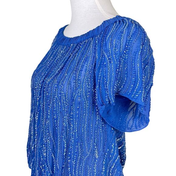 Parker NWT Royal Blue Beaded Embellished Off the Shoulder Sheer Top - Picture 10 of 16